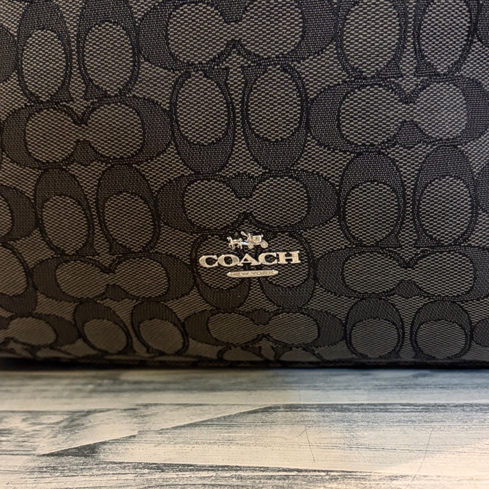 COACH Jacquard Leather Signature C Monogram Hobo Bag Shoulder Handbag BLACK GRAY - Picture 2 of 10